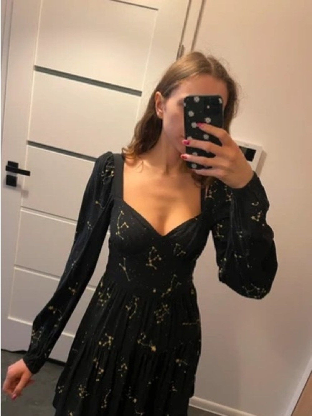 Black Long-Sleeve Constellation Print Midi Dress Laurella